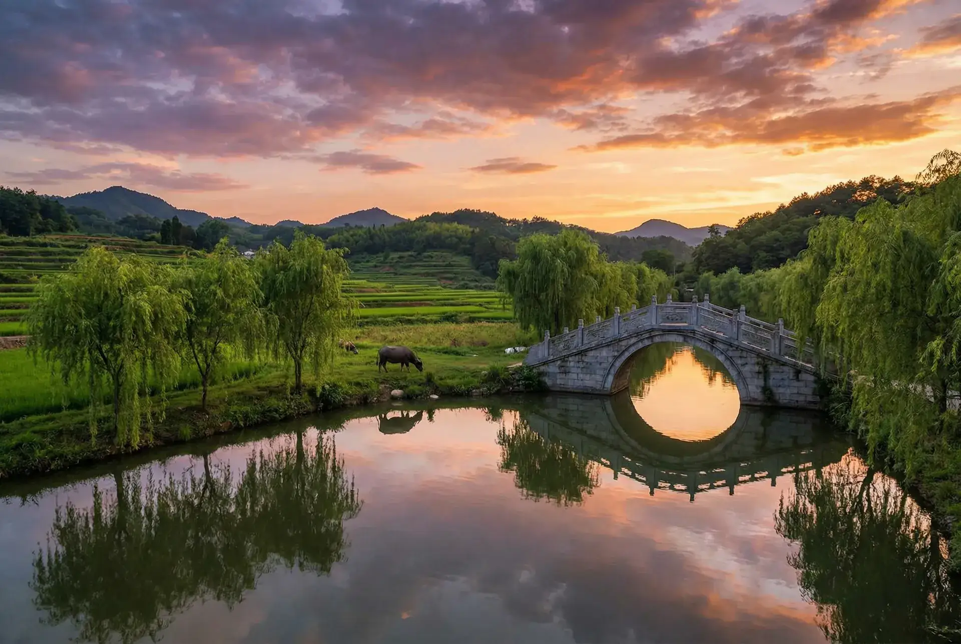 夕阳下的石拱桥与垂柳，水牛在河边吃草 - 榴莲直播APP下载进入网址 乡村美景